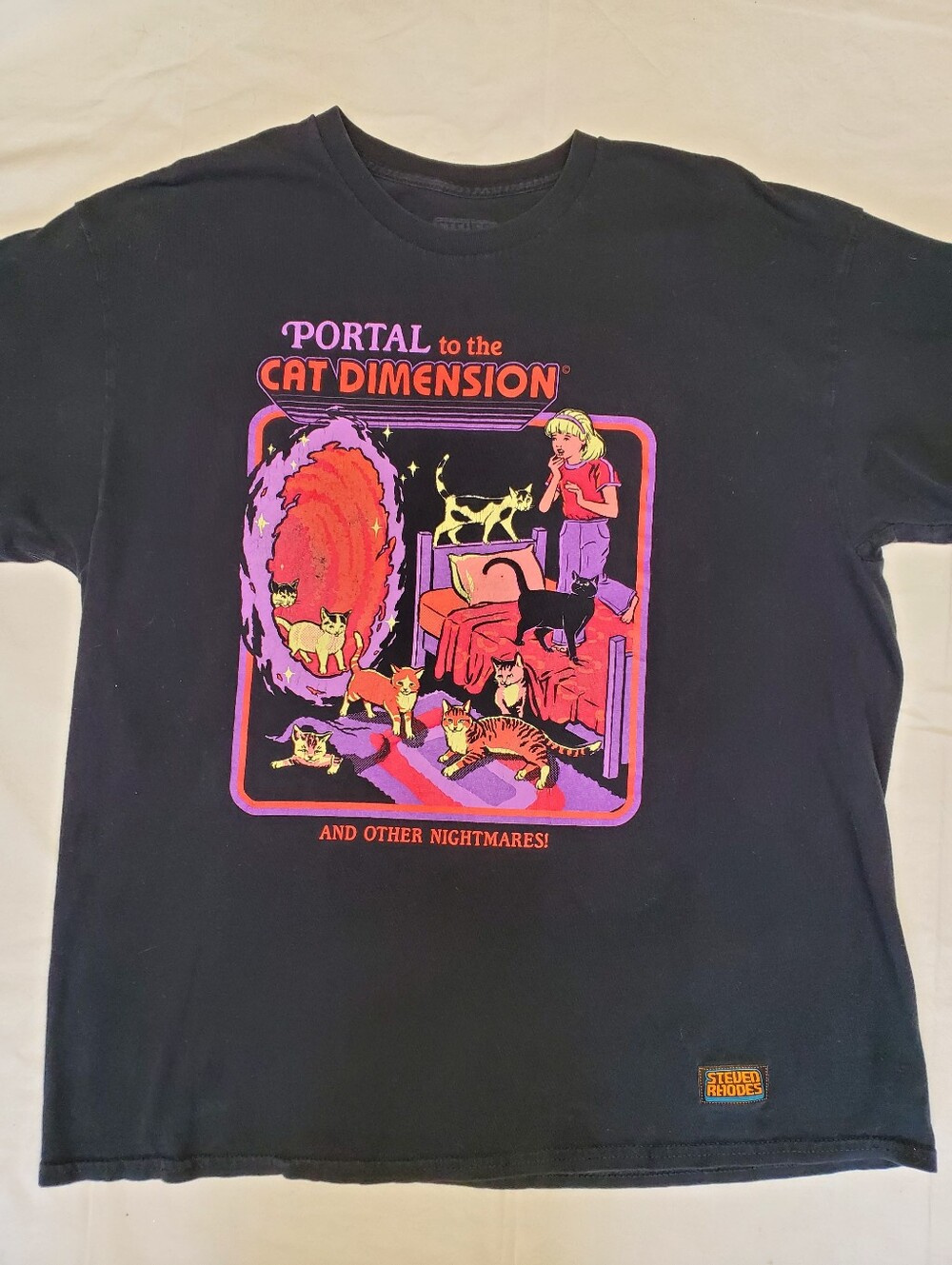 Steven Rhodes Portal to the Cat Dimension T-Shirt XL Black Retro Occult Cat Tee